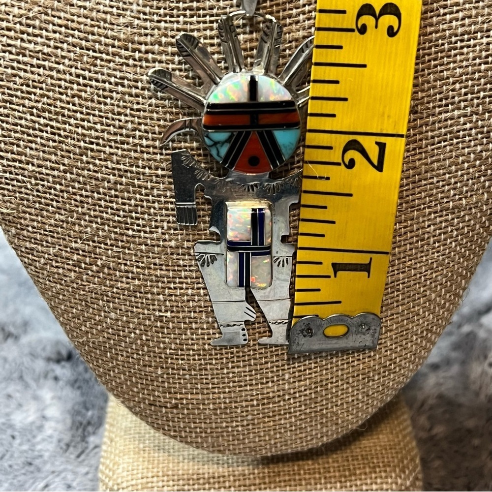 Native American Navajo Turquoise Coral Opal Sterling Silver Kachina Pendant - Picture 3 of 8